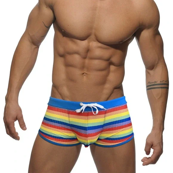 Side Split Mens Swimwear U Pouch Rainbow Beach Swimming Trunks Nylon Quick Dry - Picture 3 of 6